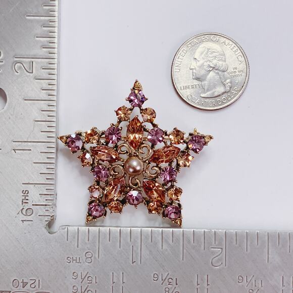 Signed Graziano 80s Gold Tone Star Brooch Amber Purple Rhinestone Estate Jewelry - Picture 10 of 10